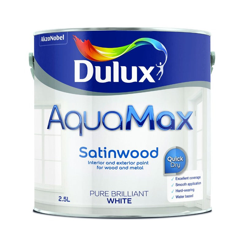 2.5 litre Dulux AquaMax White Water Based Satinwood