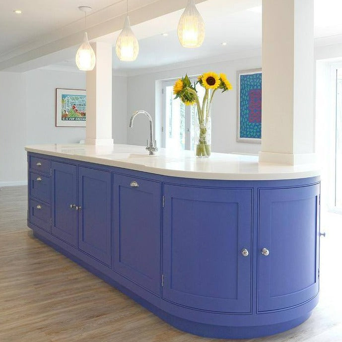 Little Greene Mambo No. 112 is a signature shade of purple. Purple Blue kitchen island paint colour. Buy Little Greene paint online.