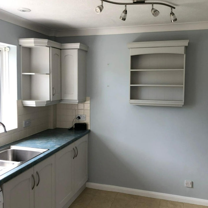 Little Greene Bone China Blue Mid No. 183 is a beautiful grey blue paint colour. Blue kitchen paint colour. Order Little Greene paint online.