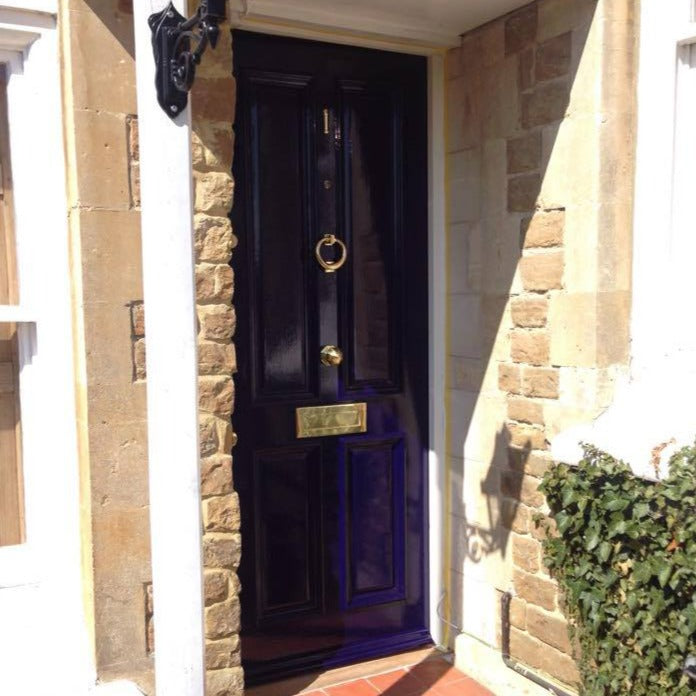 Little Greene Thai Sapphire No. 116  dark blue front door paint colour. Buy Little Greene intelligent gloss paint online.