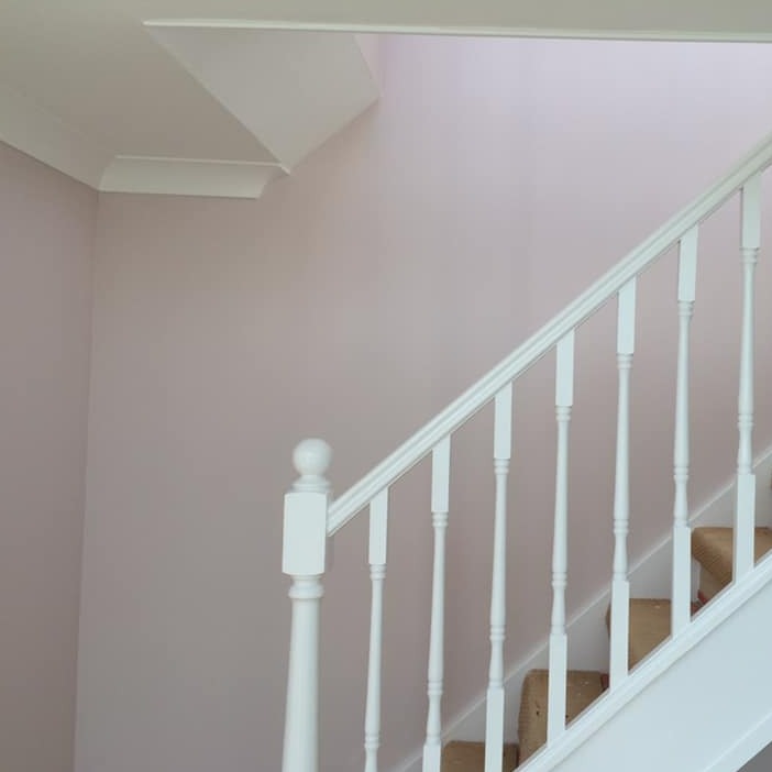 Little Greene Dorchester Pink No. 213 is a delicate pink paint colour. Pink hall stairs paint colour. Buy Little Greene paint online.