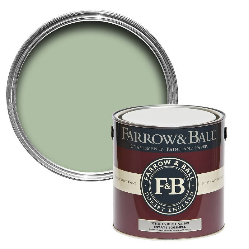 Whirlybird No. 309 from Farrow & Ball is a pale green paint colour. Farrow & Ball Whirybird 2.5L Estate Eggshell.
