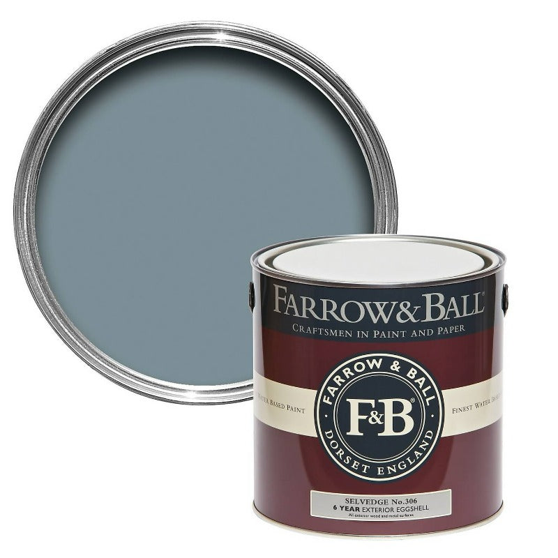 Selvedge No. 306 from Farrow & Ball is a new blue paint colour. 2.5L Exterior Eggshell Selvedge 306. 