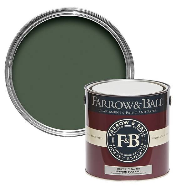 Beverly No. 310 from Farrow & Ball is a clean mid to dark green paint colour. Beverly 2.5L Modern Eggshell.