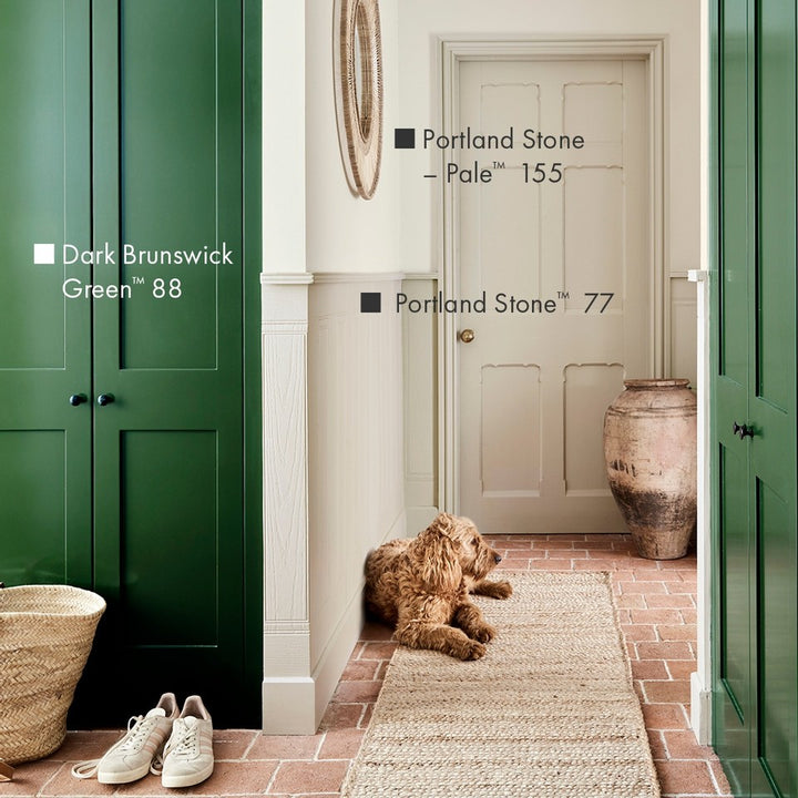 Little Greene Dark Brunswick Green No. 88 is a dark green paint colour. Green hallway paint colour. Buy Little Greene paint online.