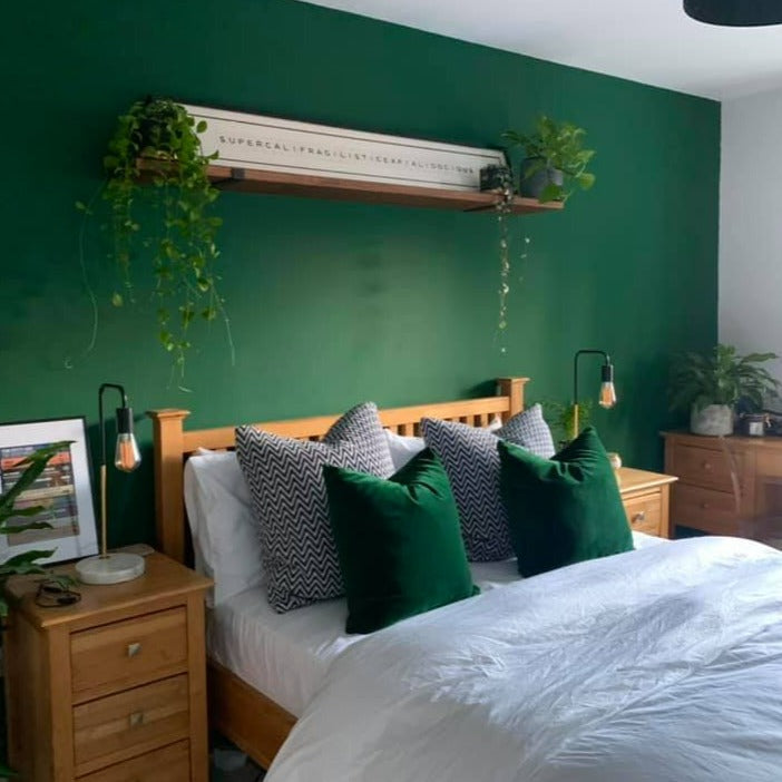 Little Greene Puck No. 298 is a dark green paint colour. This deep green works great in both dark and light spaces. Buy Little Greene Puck 298 bedroom paint online.