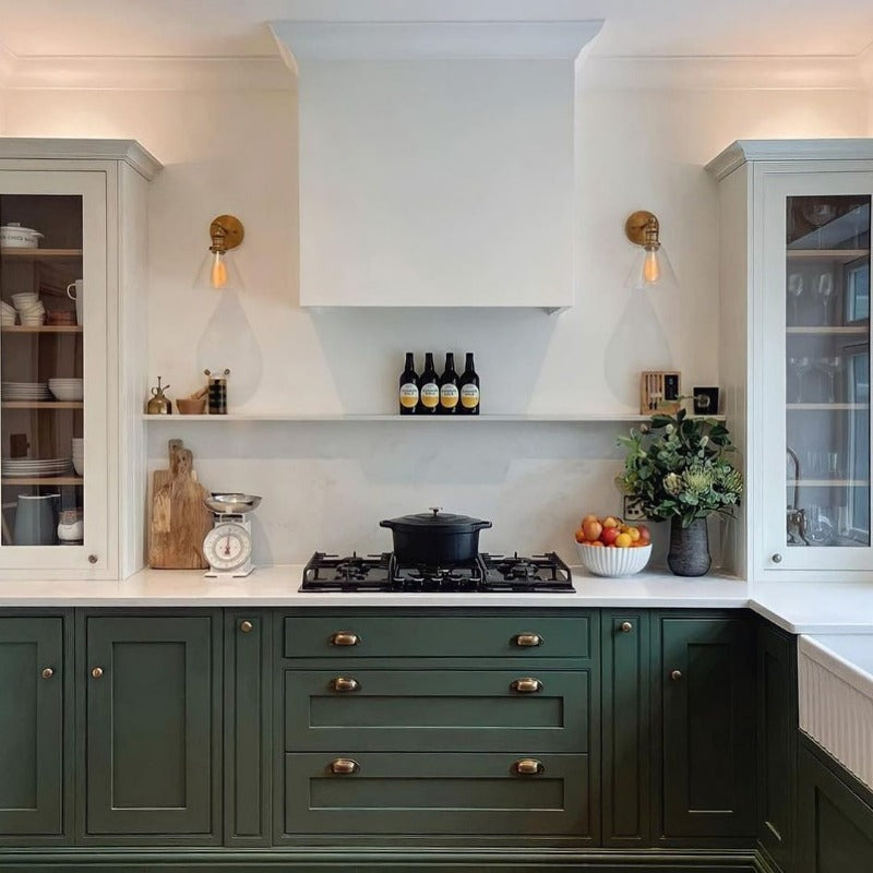Wimborne White walls, James White upper cabinets and Minster Green lower kitchen cabinets. Buy Farrow & Ball paint online. 