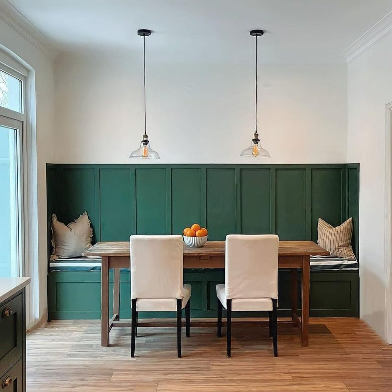 Farrow & Ball colours Wimborne White on the walls and Minster Green on the panelling. Buy Farrow & Ball paint online.