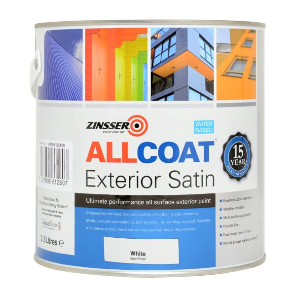 2.5L Zinsser AllCoat Exterior Satin White. Exterior White paint for cladding, metal, timber and more.