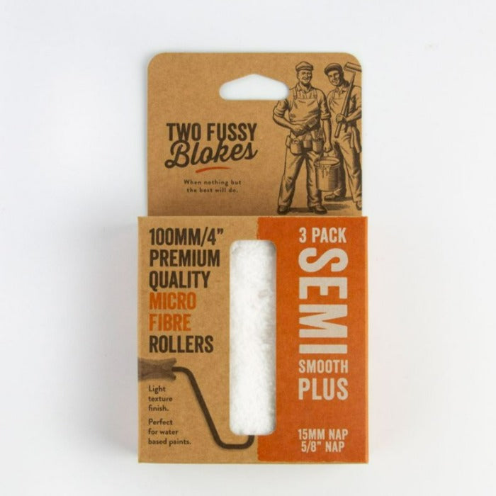 100mm, 4 inch Two Fussy Blokes 15mm long pile microfibre roller sleeve. Reach into the most difficult spaces when painting. 100mm wide. 3 Pack. 