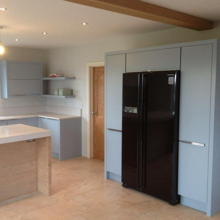 Kitchen Painted in Little Greene Bone China Blue No. 107. A dusty sky blue that's airy and calming at the same time. Order Little Greene online in Ireland.