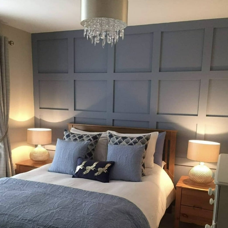 Dusty Blue from Fleetwood Paints boasts a cool blue and greyish undertone. Dusty blue bedroom panelling paint colour. Buy Fleetwood Paints online.