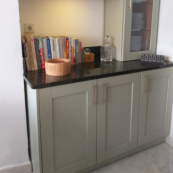 Little Greene Normandy Grey No. 79 kitchen cabinet paint colour. A timeless green grey paint colour. Order Little Greene paint online in Ireland.