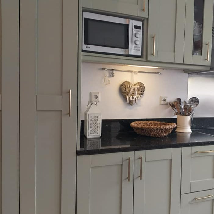 Little Greene Normandy Grey No. 79 kitchen paint colour. A timeless green grey paint colour. Order Little Greene paint online in Ireland.