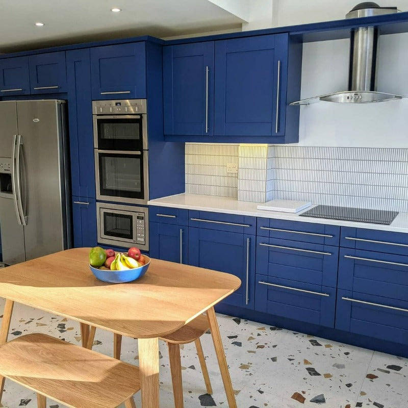 Little Greene Deep Space Blue kitchen cabinet paint colour. Buy Little Greene paint online.