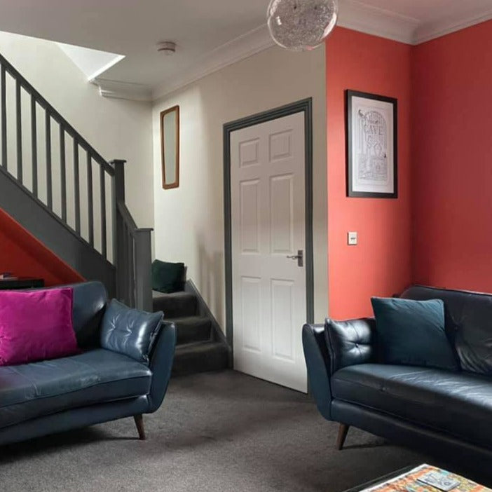 Little Greene Orange Aurora No. 21 is a bright coral red paint colour. Orange Aurora living room paint colour. Buy Little Greene paint online.