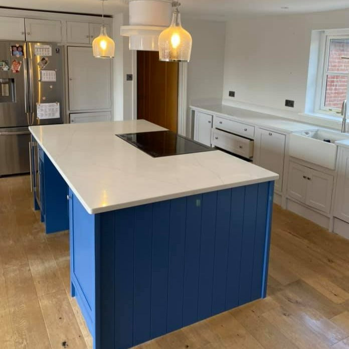 Little Greene Woad No. 251 is a charming muted indigo blue paint colour. Navy blue kitchen island paint colour. Buy Little Greene paint online.