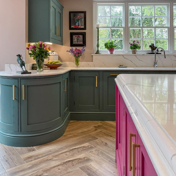 Little Greene Mischief 13 is a hot pink paint colour. Mischief pink kitchen island paint colour. Buy Little Greene paint online.
