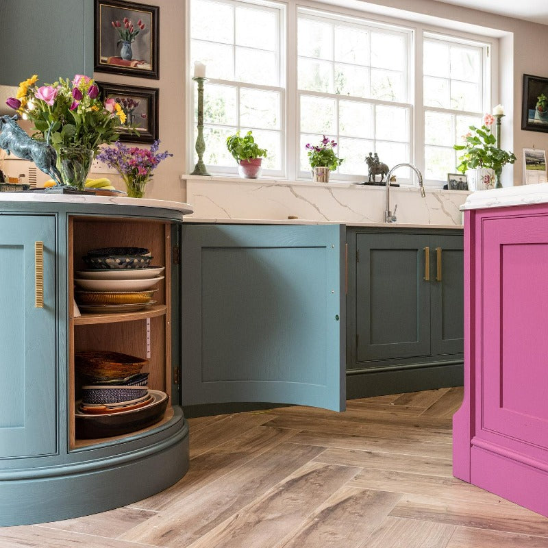 Little Greene Mischief 13 is a hot pink paint colour. Mischief kitchen island and Pleat on kitchen cabinets. Buy Little Greene paint online.