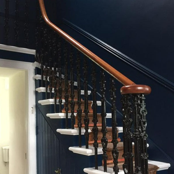 Little Greene Royal Navy No. 257 is a dark blue paint colour. Navy blue hallway stairs paint colour. Buy Little Greene paint online.
