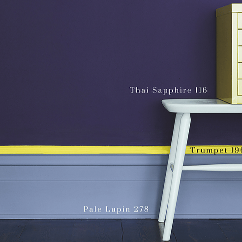 Little Greene Thai Sapphire No. 116 is a very dark blue paint colour with deep purple tones. Hallway paint colour. Buy Little Greene paint online.