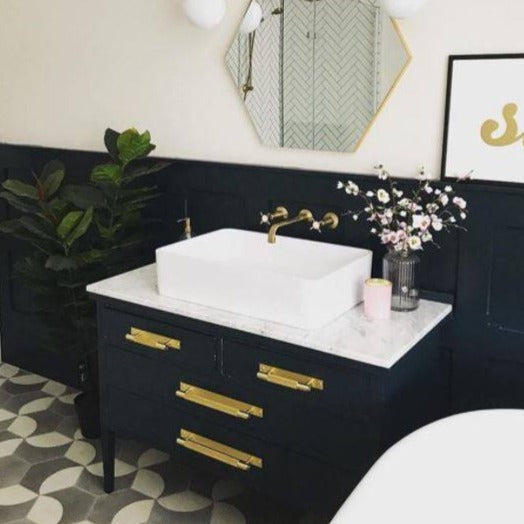 Kigali 678 from Paint And Paper Library. Off black bathroom paint colour.