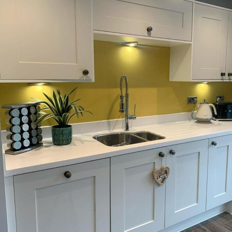 Little Greene Light Gold No. 53 yellow kitchen splashback. Buy Little Greene Light Gold 53 kitchen paint online.