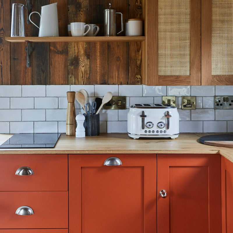 Little Greene Heat No. 24 is a strong red orange paint colour. Red orange kitchen paint colour. Buy Little Greene paint online.