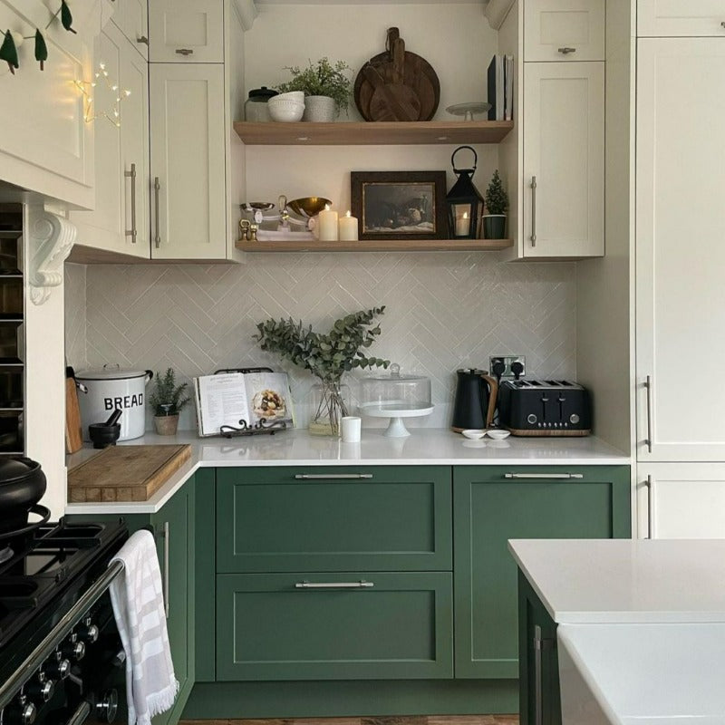 Minster Green No. 224 and James White from Farrow & Ball.  Green and White kitchen cabinet paint colour. Buy Farrow & Ball paint online. 