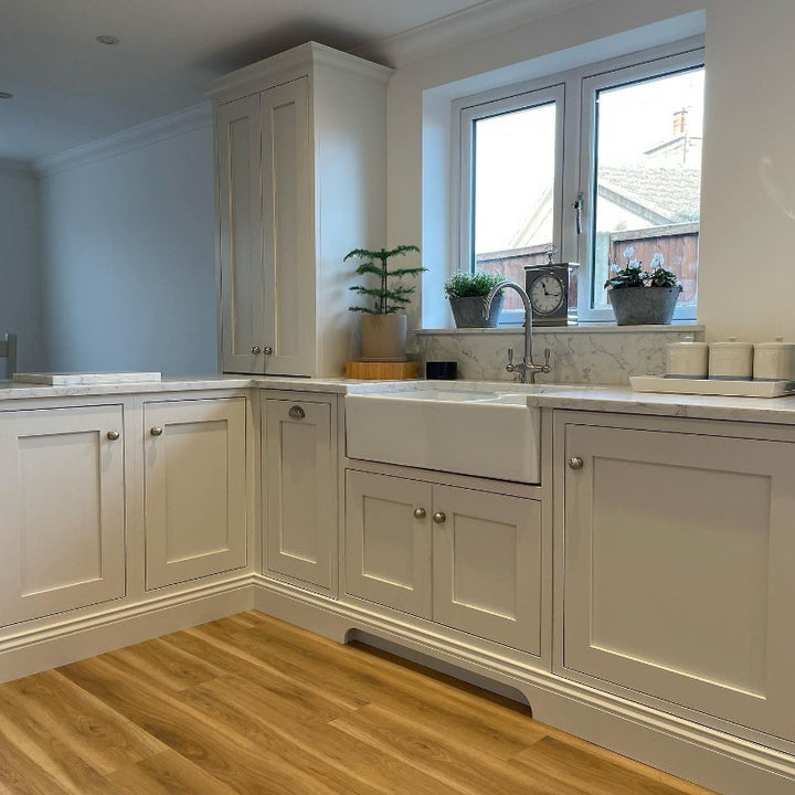 Little Greene Slaked Lime Mid 149 paint colour. Kitchen cabinet units paint colour.