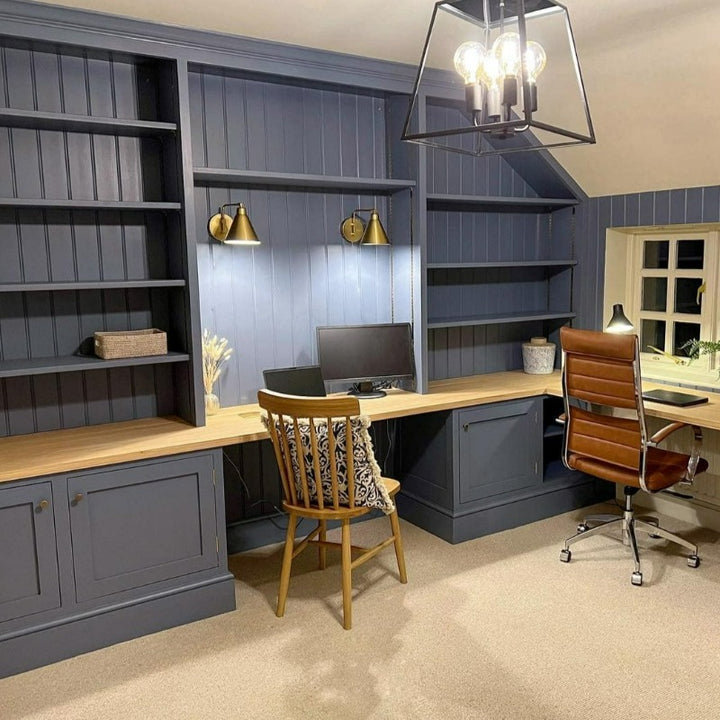 Little Greene Juniper Ash No. 115 in eggshell for a home office on wood. Order Little Greene Juniper Ash paint online in Ireland. 