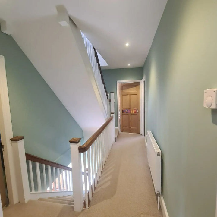 Little Greene Aquamarine No. 138 subtle green paint colour for a hallway. Buy Little Greene Aquamarine 138 paint online in Ireland.