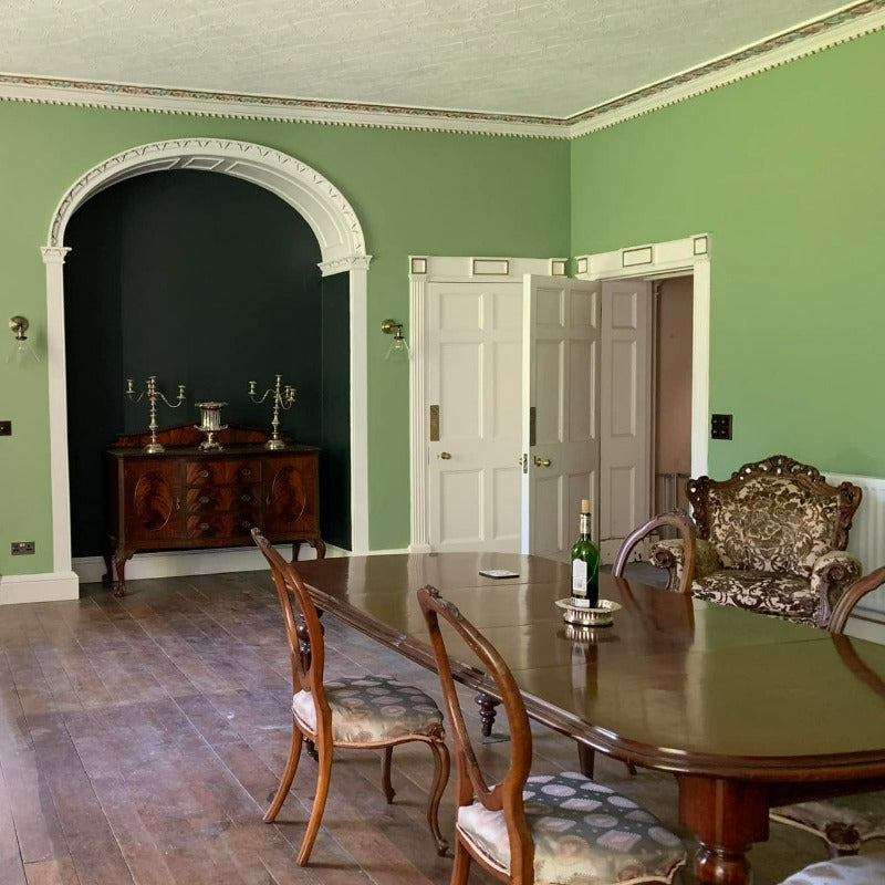 Saxon Green No. 80 by Farrow & Ball. Green front living room paint colour. Buy Farrow & Ball paint online.