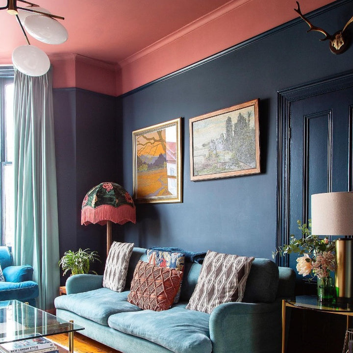 Crimson Red Farrow & Ball pink living room ceiling paint colour from Paint Online