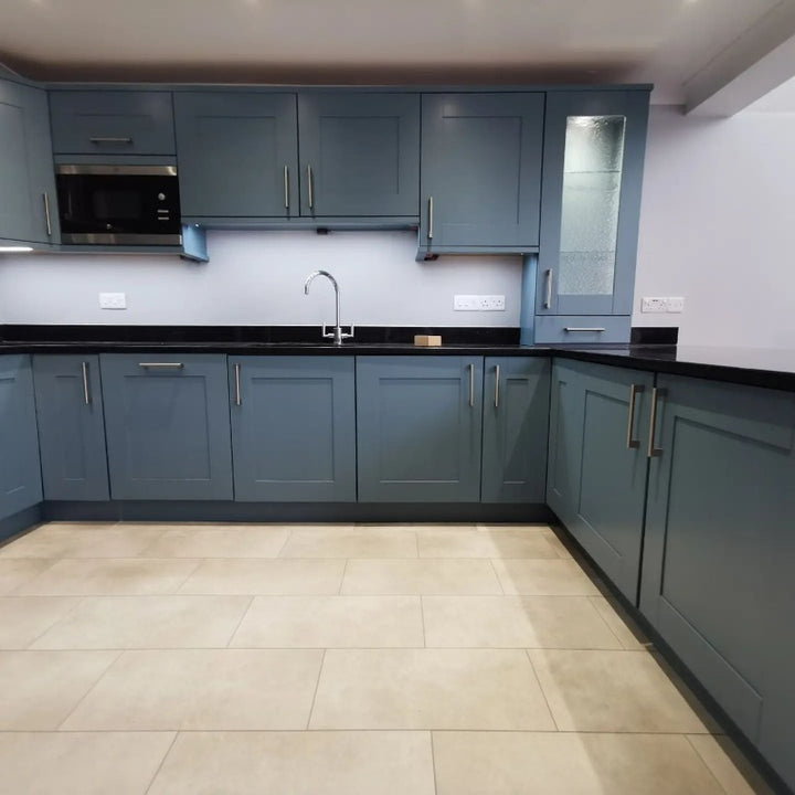 Little Greene Etruria No. 326 is an attractive blue paint colour with a slight hint of green. Little Greene Etruria 326 blue kitchen paint colour.