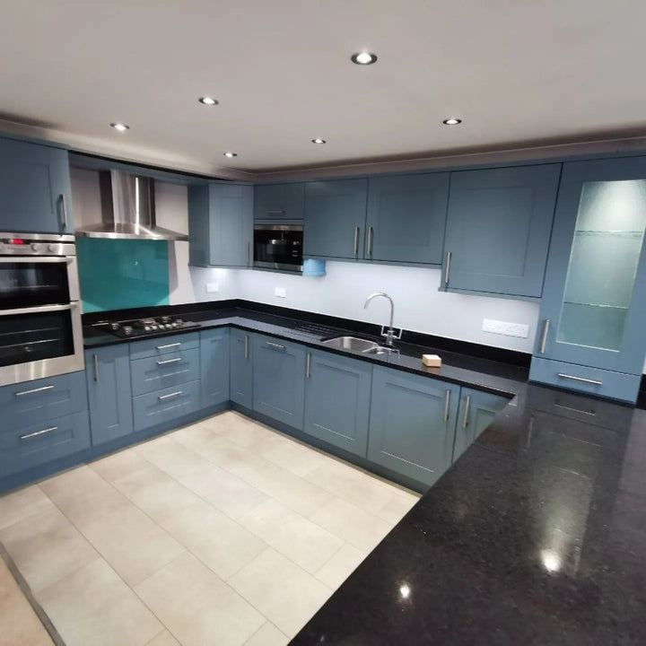 Little Greene Etruria No. 326 is an attractive blue paint colour with a slight hint of green. Little Greene Etruria 326 blue kitchen paint colour.