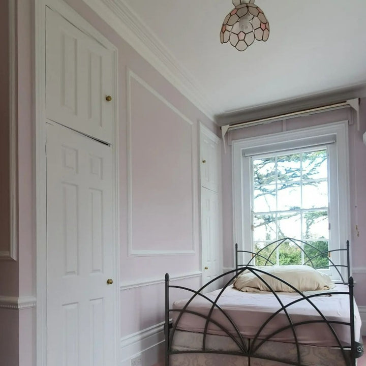 Little Greene Chemise No. 139 is a delicate pink paint colour. Pink bedroom paint colour. Buy Little Greene paint online.