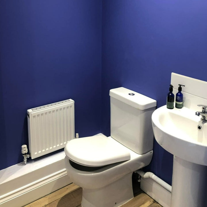 Little Greene Mambo No. 112 is a signature shade of purple. Purple Blue bathroom paint colour. Buy Little Greene paint online.