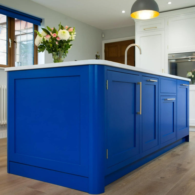 Little Greene Mazarine No. 256 is a truly neutral blue paint colour. Blue kitchen island paint colour. Buy Little Greene paint online.