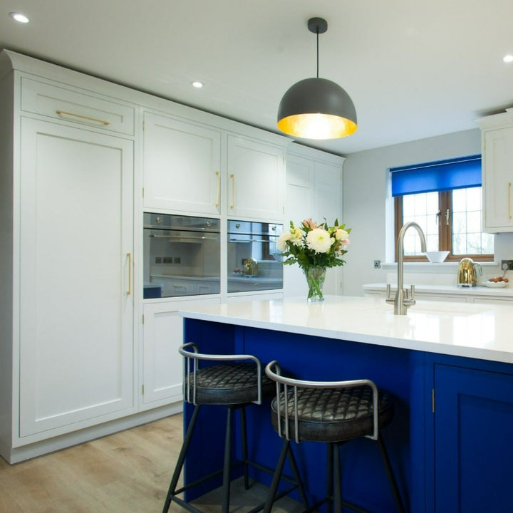 Little Greene Mazarine No. 256 is a truly neutral blue paint colour. Blue kitchen island paint colour. Buy Little Greene paint online.