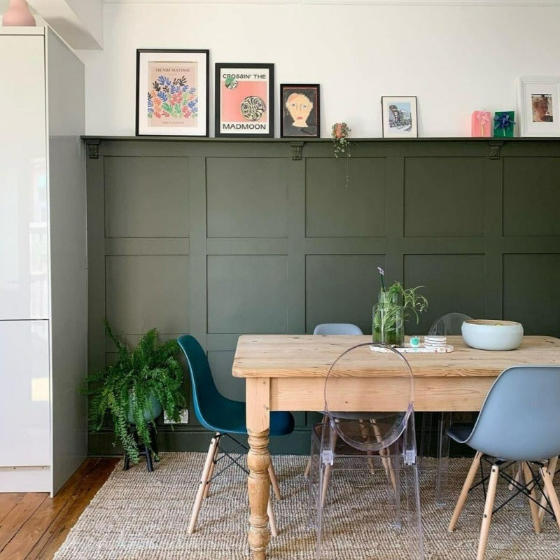 Little Greene Invisible Green No. 56 is a dark green paint colour. Green panelling paint colour. Green dining room paint colour. 