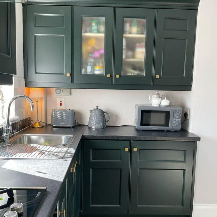 Little Greene Obsidian Green No. 216 is a dark green paint colour. Dark green kitchen cabinet presses paint colour. Buy Little Greene paint online.