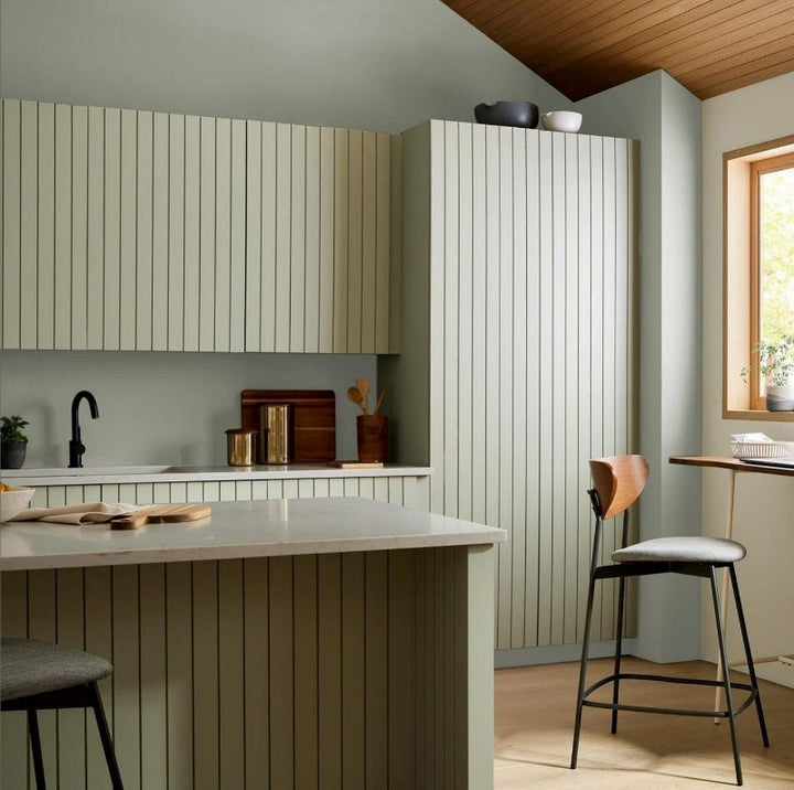 Greige Green on the wall and Wild Atlantic Green on the cabinets. Green kitchen paint colour. Buy fleetwood paints online. 