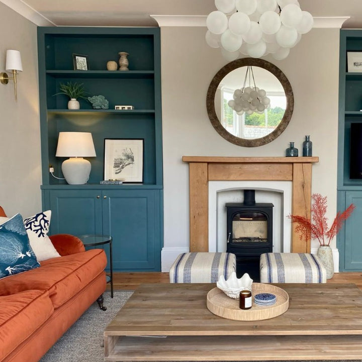 Walls Little Greene Slaked Lime Dark and carpentry Farrow & Ball Inchyra Blue.