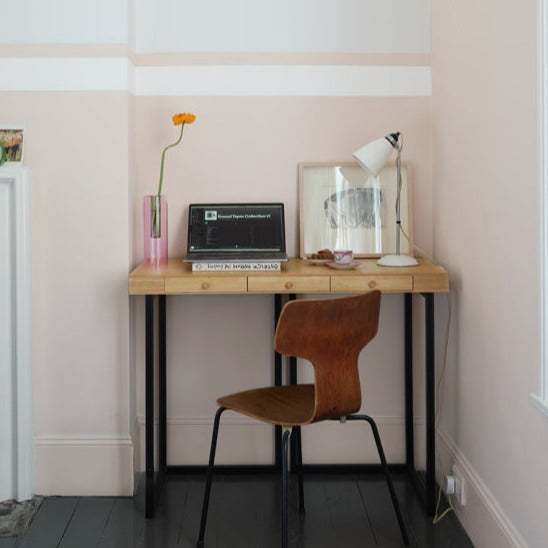Tailor Tack No. 302 from Farrow & Ball is a delicate pink paint colour. Pink bedroom paint colour. Buy Farrow & Ball paint online.