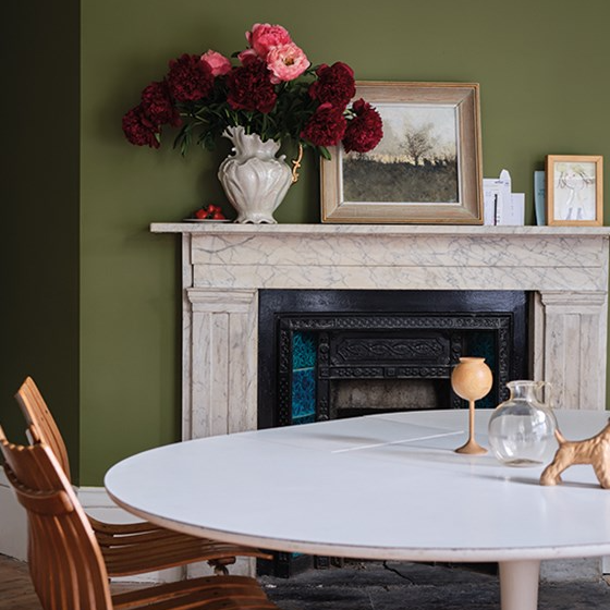 Sap Green Farrow & Ball living room paint colour from Paint Online