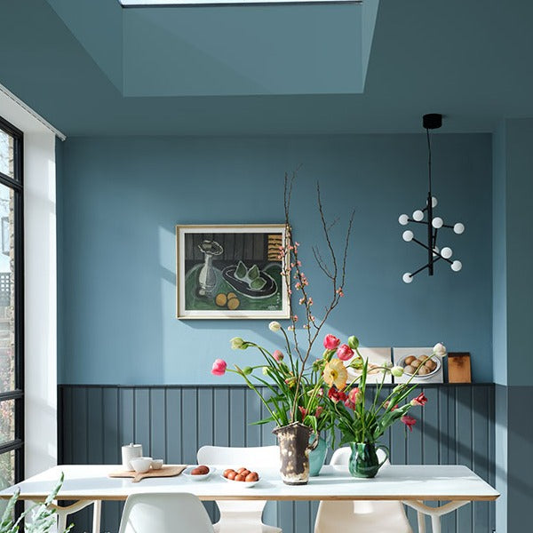 Selvedge No. 306 from Farrow & Ball is a new blue paint colour. Blue dining room paint colour. 