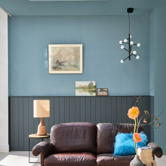 Selvedge No. 306 from Farrow & Ball is a new blue paint colour. Blue living room paint colour.