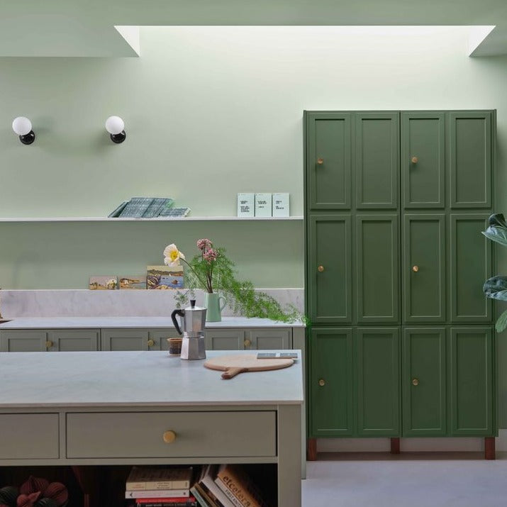 Whirlybird No. 309 from Farrow & Ball is a pale green paint colour. Green kitchen paint colour. Buy Farrow & Ball Whirybird paint online.