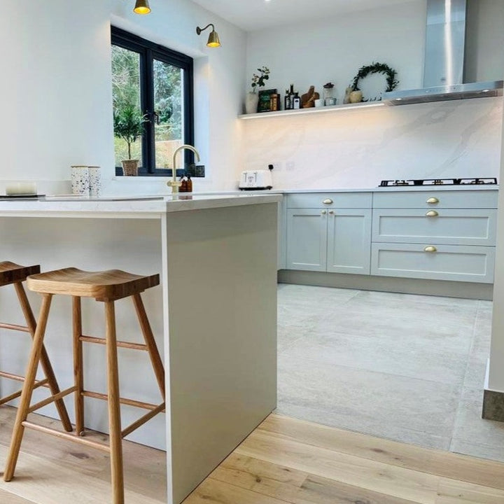 Little Greene Slaked Lime Deep 150. Neutral kitchen cabinet paint colour.